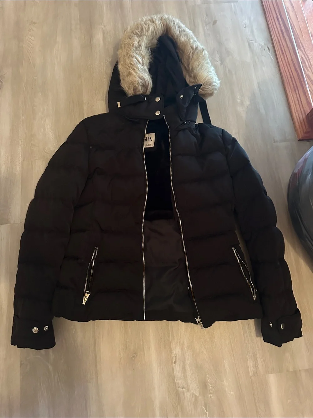 Zara Black Puffer Jacket with Faux Fur Trimmed Hood